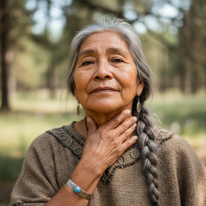 indigenous beutiful aged women touches neck and decollatage