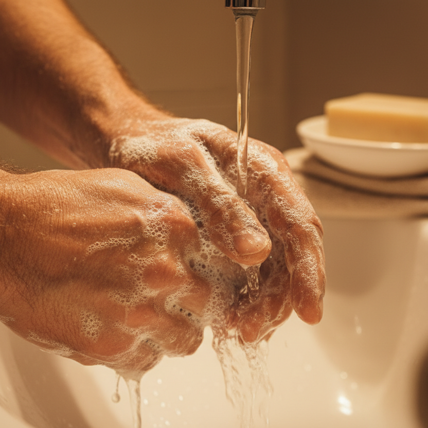 mens hands soaping after working day
