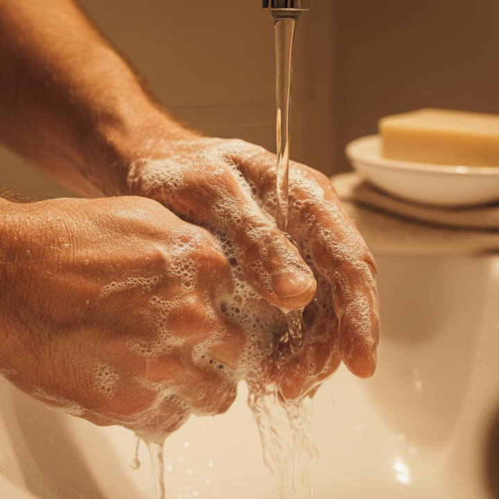 mens hands soaping after working day