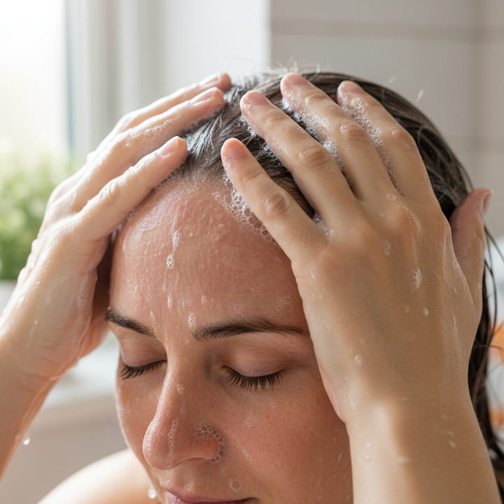 person soaping the head with scalp psoriasis