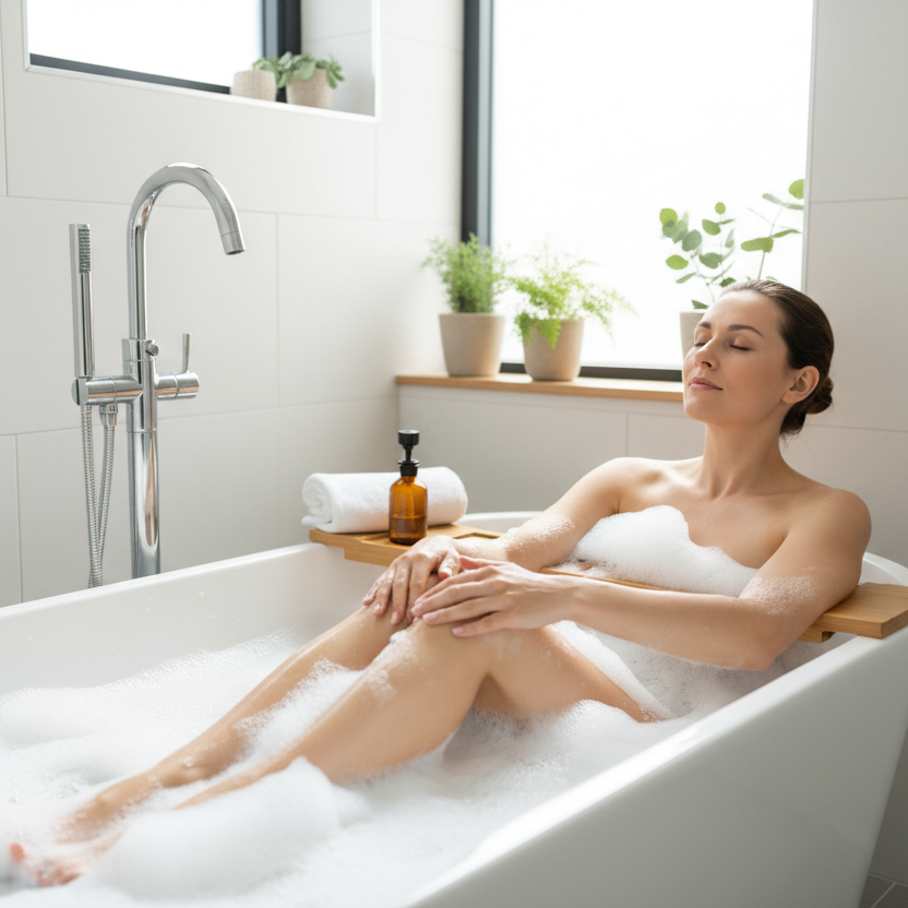 white good shaped white women inside the bath and soap or massage her legs