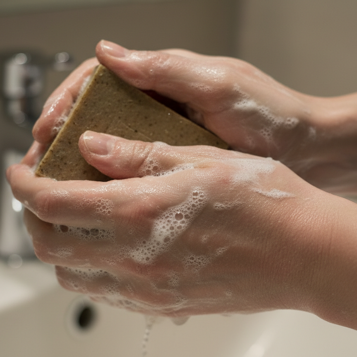 white hands with red spots cleaning with brownish bar soap