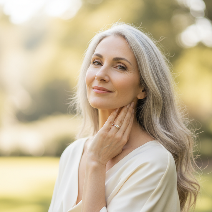 white women after 45 y.o. touching her neck by fingers